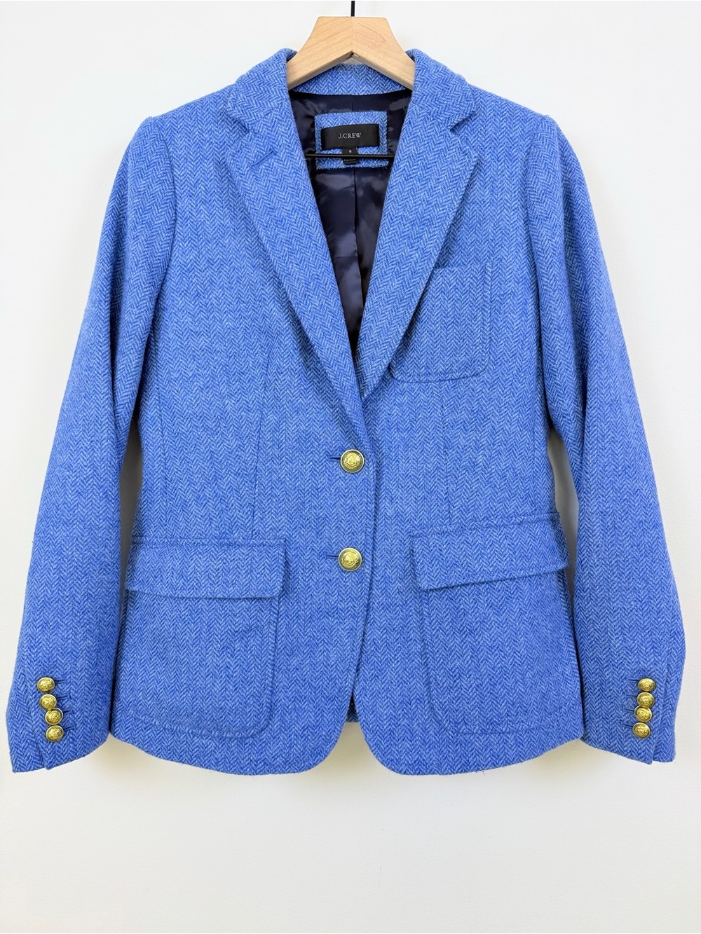 J. Crew Blue Herringbone Wool  Blazer with Gold Buttons